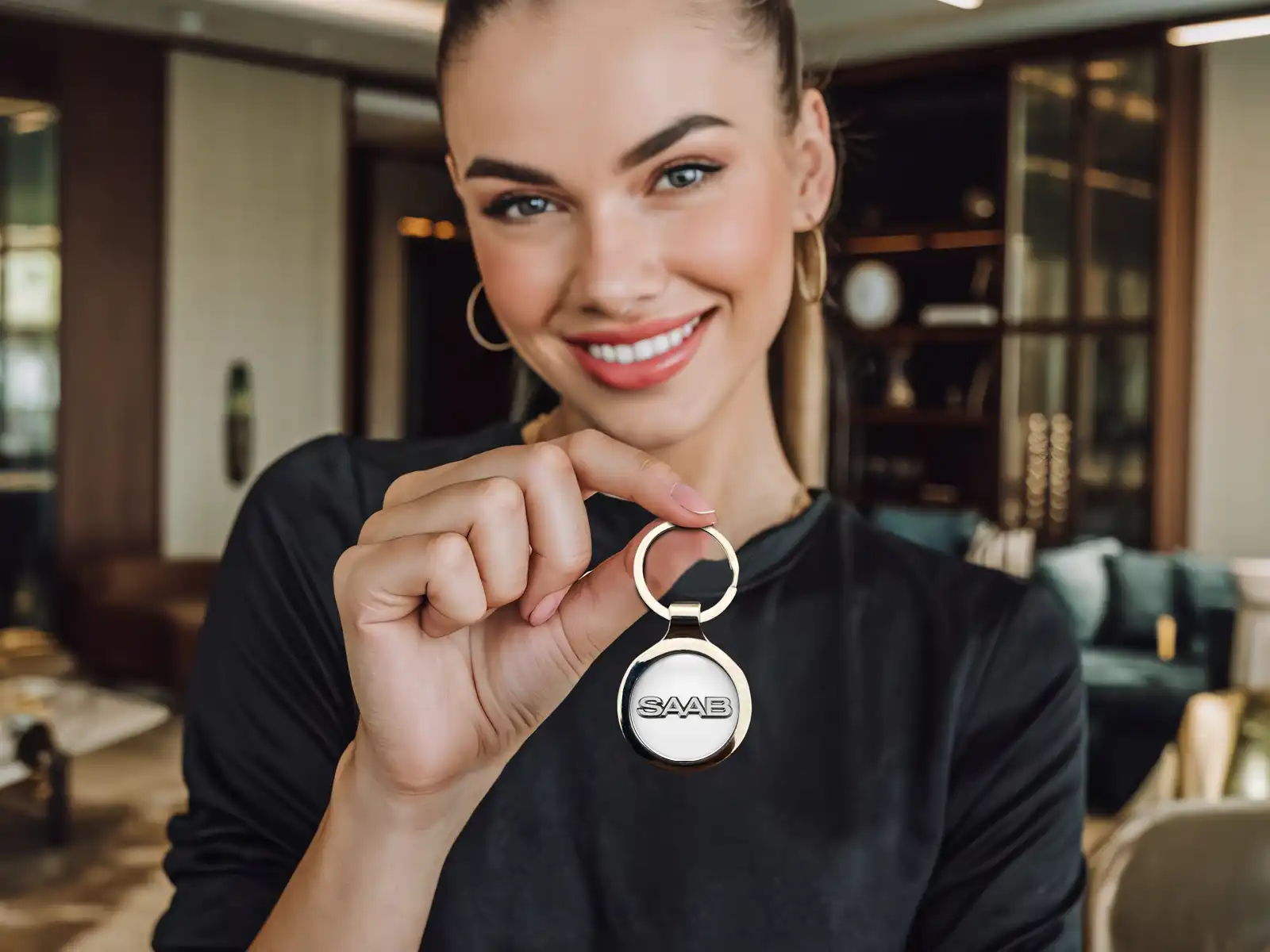 Saab Custom Key Ring Photo Domed Metallic Look